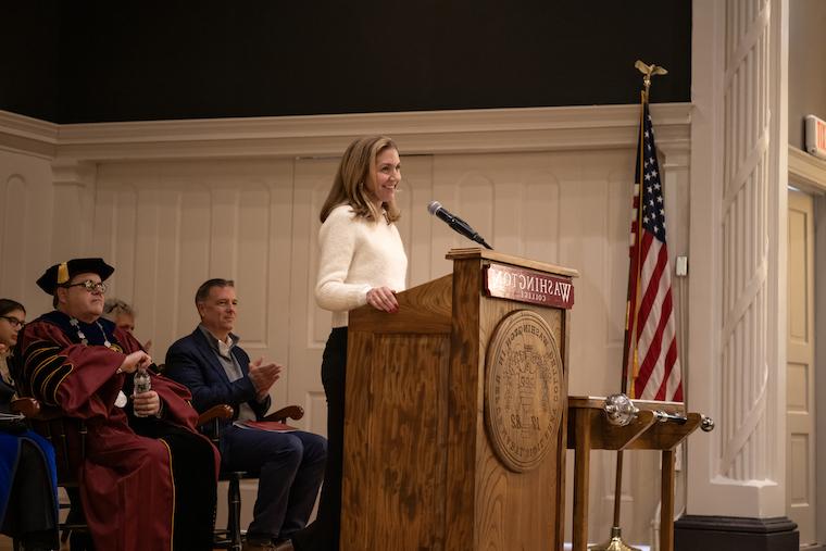 Tammy Tiehel Stedman ’86 delivers the keynote speech at the 2025 annual George Washington Birthday Convocation at Washington College. 